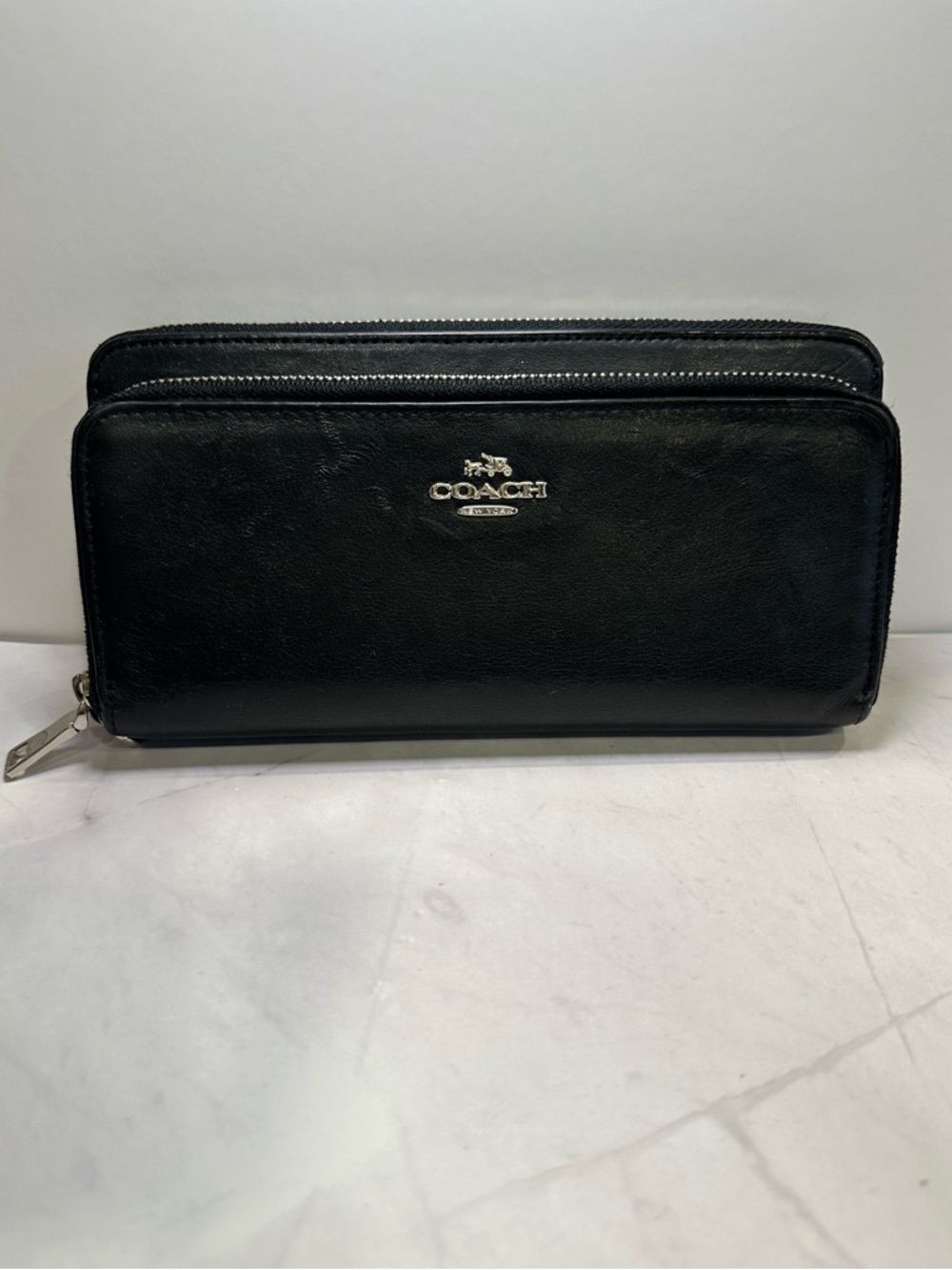 Coach Black Leather Double Zip Wallet with Silver Hardware